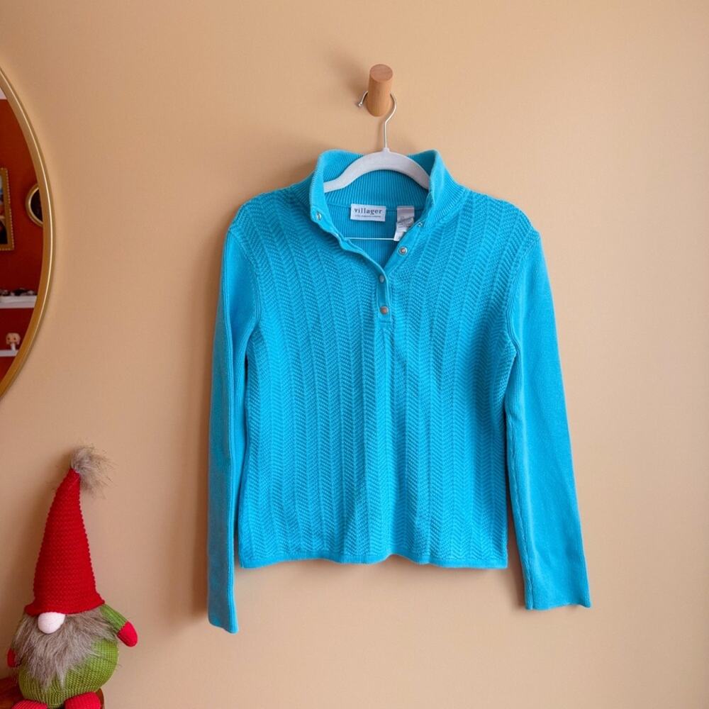 Villager Liz Claiborne Turquoise Herringbone Button Sweater Size L